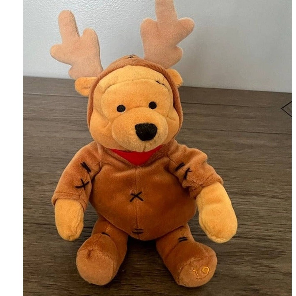 Disney Store Winnie the Pooh Reindeer Plush Mini Bean Bag Vintage 1999 Holiday